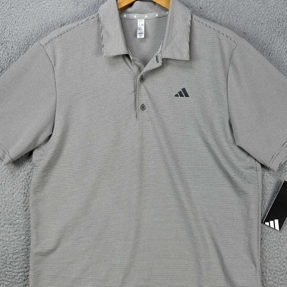 Adidas Men Golf Polo Shirt Medium Gray Stripe Performance Stretch Logo Rugby NEW